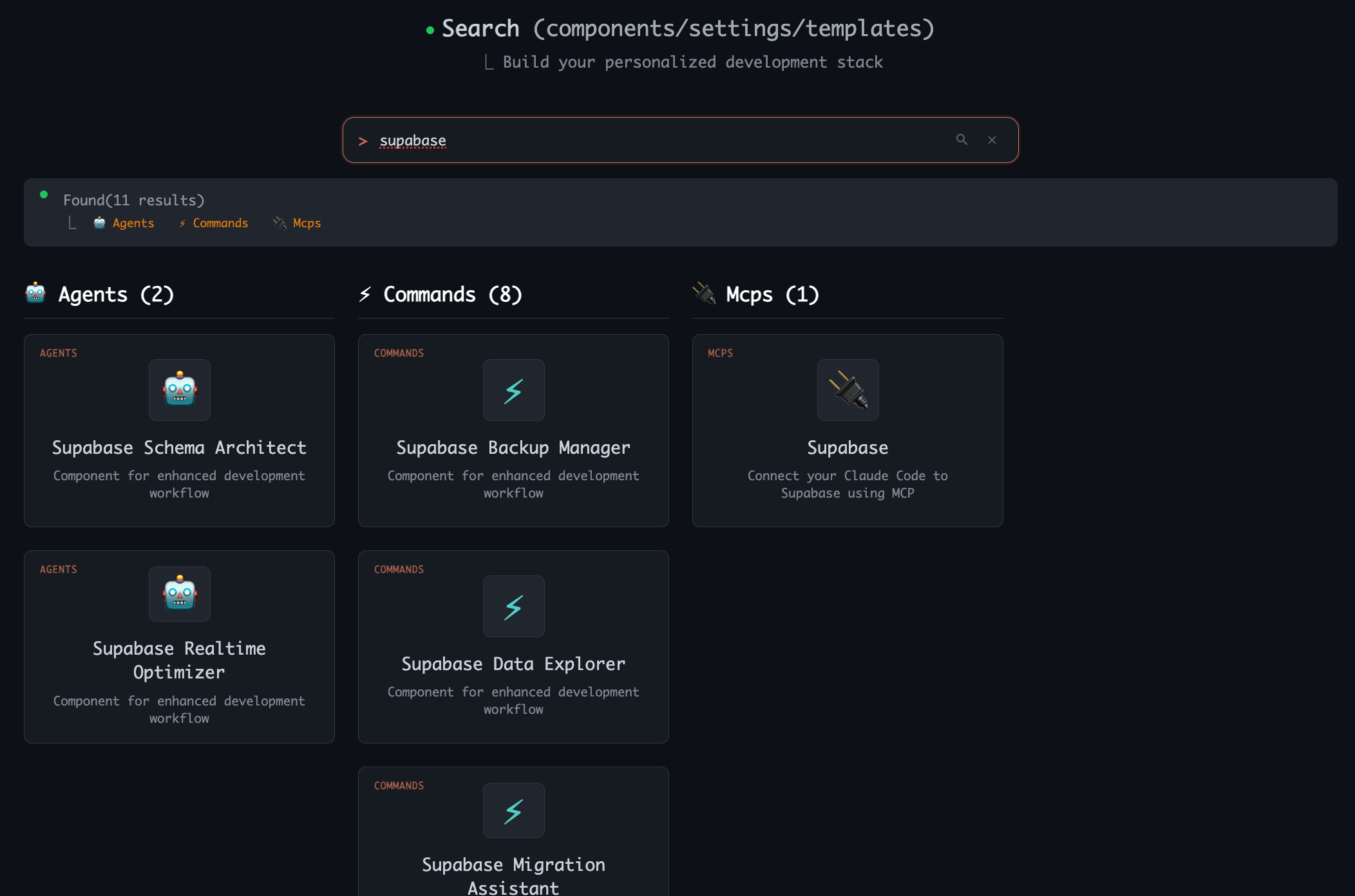 Searching for Supabase components on AITMPL.com